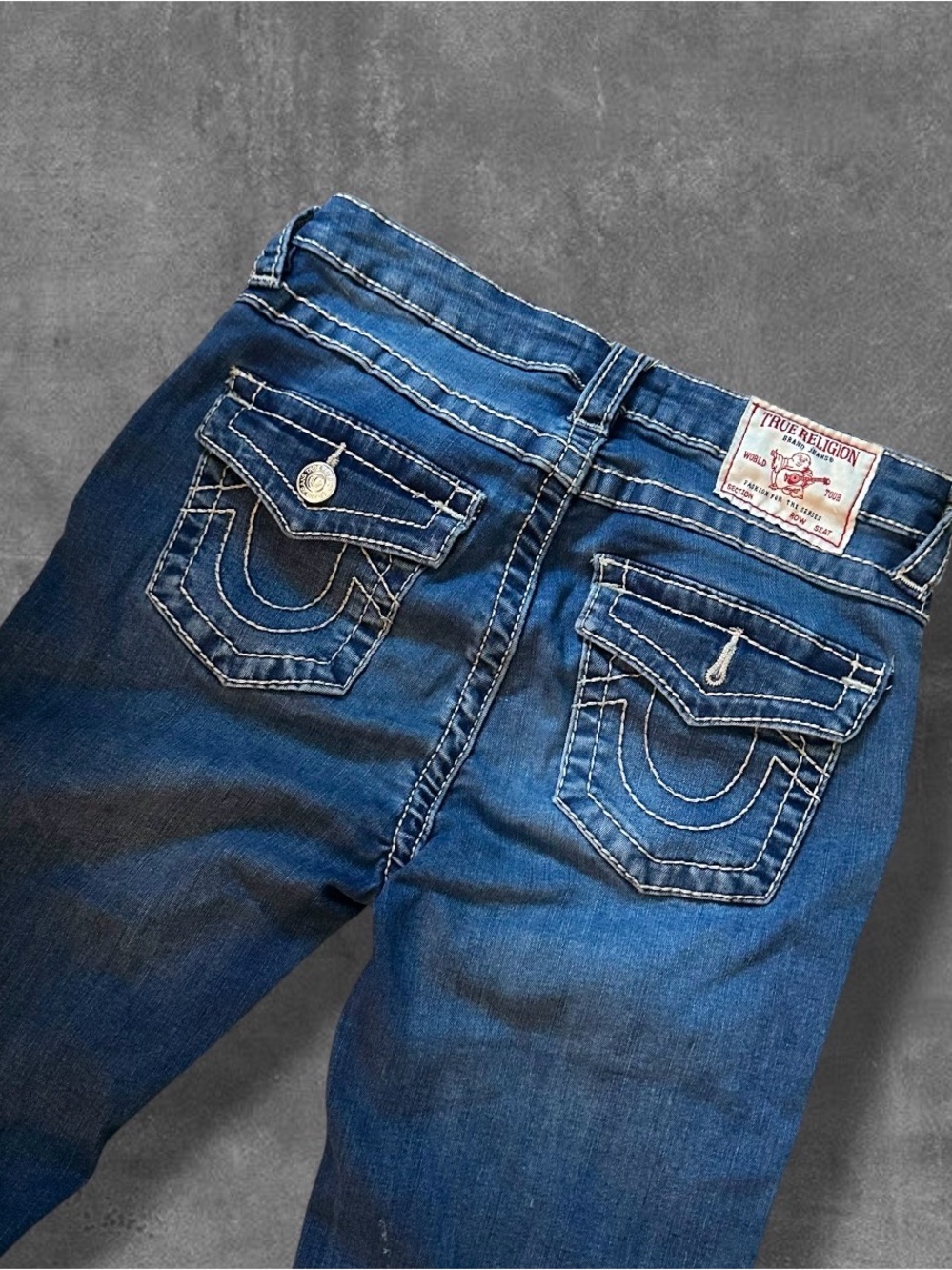 True Religion Women’s Blue Denim Jeans with Signature Pocket Stitching